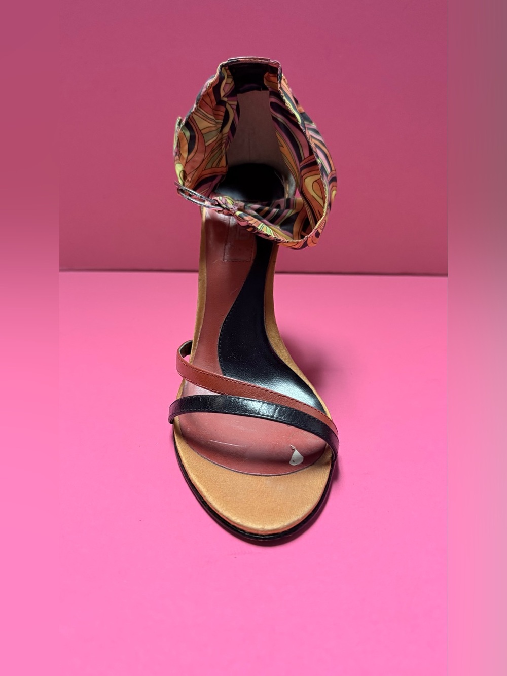 Jennifer Lopez Multi-Pattern Ankle-Wrap Heel with Brown and Black Straps